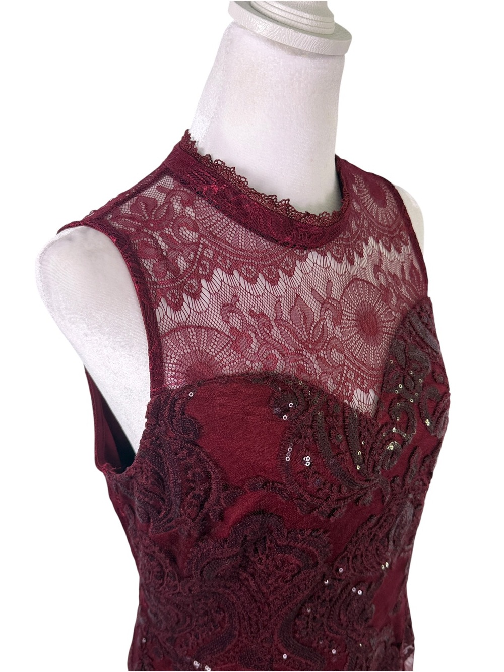 Soieblu Burgundy Lace Sequin Cocktail Dress Size L Mock Neck Sheath Party - Picture 3 of 10